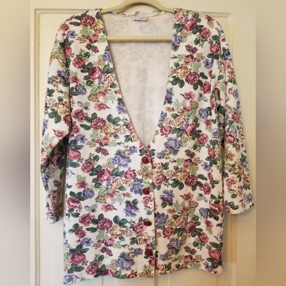 Fame Sz M Vintage 1980s Floral Sweater Cardigan